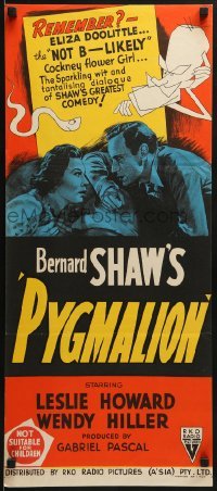 2w167 PYGMALION Aust daybill R1950s Bernard Shaw, art of Leslie Howard & Wendy Hiller, rare!