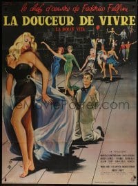 2w088 LA DOLCE VITA French 1p 1960 Federico Fellini, art of Mastroianni & sexy Ekberg by Thos!