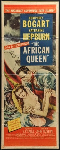 2w021 AFRICAN QUEEN insert 1952 wonderful artwork of Humphrey Bogart rescuing Katharine Hepburn!