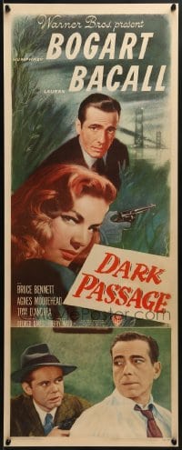 2w025 DARK PASSAGE insert 1947 great c/u of Humphrey Bogart with gun & sexy Lauren Bacall, rare!