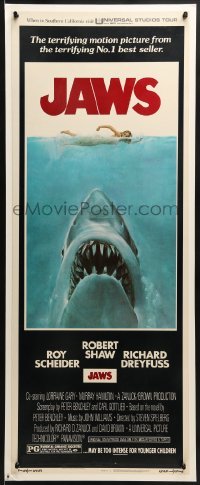 2w030 JAWS insert 1975 art of Steven Spielberg's classic man-eating shark attacking sexy swimmer!