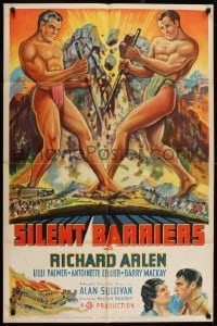 2w230 SILENT BARRIERS style B 1sh 1937 Kulz stone litho of two giants tearing apart mountain!
