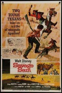 2x339 SAVAGE SAM style A 1sh 1963 Disney, art of boy & dog fighting Native, Old Yeller sequel!