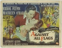 3c014 AGAINST ALL FLAGS TC 1952 romantic c/u of Errol Flynn & Maureen O'Hara + cool pirate art!