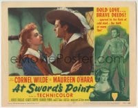 3c275 AT SWORD'S POINT LC #8 1952 great close up of Cornel Wilde & pretty Maureen O'Hara!