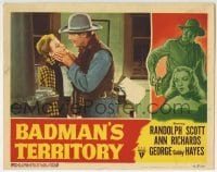 3c280 BADMAN'S TERRITORY LC 1946 cowboy Randolph Scott grabbing Ann Richards by the face!