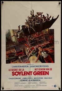 3f462 SOYLENT GREEN Belgian 1974 art of Charlton Heston trying to escape riot control by John Solie