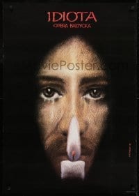 3f942 IDIOTA stage play Polish 27x38 1987 artwork of face behind burning candle by S. Kitowski!