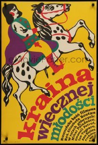 3f858 KINGDOM IN THE CLOUDS Polish 22x33 1970 Jerzy Treutler art of man on horseback!