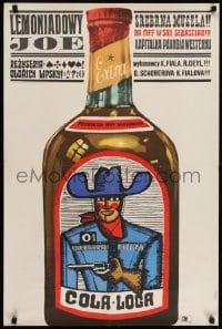 3f869 LEMONADE JOE Polish 23x35 1965 great Maciej Hibner art of cowboy with gun on bottle!