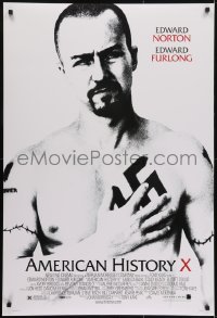 3g094 AMERICAN HISTORY X DS 1sh 1998 B&W image of Edward Norton as skinhead neo-Nazi!