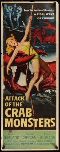 3j014 ATTACK OF THE CRAB MONSTERS insert 1957 Roger Corman, art of sexy girl grabbed by beast!
