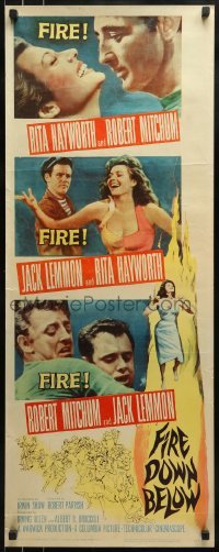 3j105 FIRE DOWN BELOW insert 1957 full-length sexy Rita Hayworth, Robert Mitchum & Jack Lemmon!