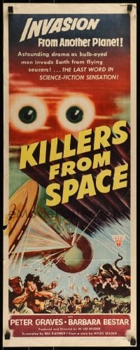 3j205 KILLERS FROM SPACE insert 1954 bulb-eyed men invade Earth from flying saucers, cool art!