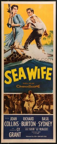 3j380 SEA WIFE insert 1957 great castaway art of sexy Joan Collins & Richard Burton on raft at sea!