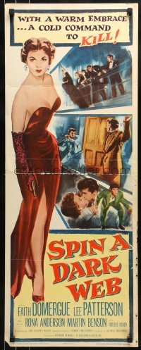 3j418 SPIN A DARK WEB insert 1956 film noir art of sexy full length Faith Domergue with gun!