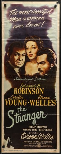 3j432 STRANGER insert 1946 cool close up art of Orson Welles, Edward G. Robinson & Loretta Young!