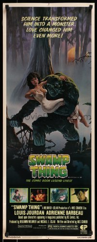 3j435 SWAMP THING insert 1982 Wes Craven, Richard Hescox art of him holding sexy Adrienne Barbeau!