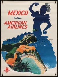 3k066 AMERICAN AIRLINES MEXICO 30x40 travel poster 1952 cool Ludekin art of Mexican beach resort!