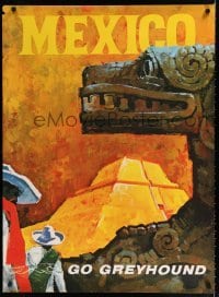 3k077 GREYHOUND MEXICO travel poster 1960s art of Aztec pyramid & sculpture!