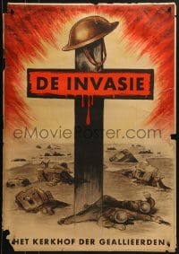 3k052 DE INVASIE HET KERKHOF DER GEALLIEERDEN 23x33 Belgian WWII war poster 1942 cross w/helmet!