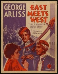 3p065 EAST MEETS WEST WC 1936 great art of George Arliss & sexy Lucie Mannheim with gun!