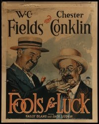 3p075 FOOLS FOR LUCK WC 1928 wacky art of W.C. Fields pulling Chester Conklin's mustache!