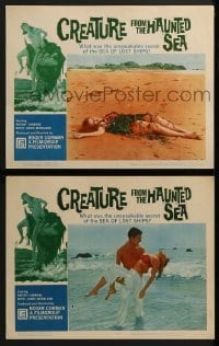 3r905 CREATURE FROM THE HAUNTED SEA 2 LCs 1961 cool border art of huge sea monster & sexy girl!
