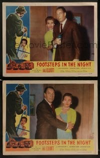 3r933 FOOTSTEPS IN THE NIGHT 2 LCs 1957 great images of detective Bill Elliott, Eleanore Tanin!