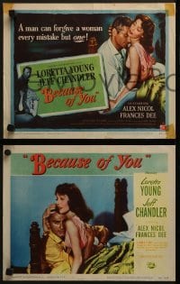 3r042 BECAUSE OF YOU 8 LCs 1952 Jeff Chandler can't forgive Loretta Young for THIS mistake!
