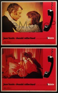 3r526 KLUTE 6 LCs 1971 Donald Sutherland & call girl Jane Fonda, dangling telephone art border!