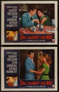 3r291 SHE COULDN'T SAY NO 8 LCs 1954 sexy short-haired Jean Simmons, Dr. Robert Mitchum!