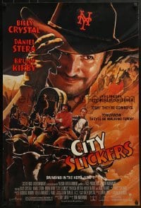 3w175 CITY SLICKERS advance 1sh 1991 great artwork of cowboys Billy Crystal & Daniel Stern!