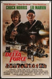 3w213 DELTA FORCE 1sh 1986 cool art of Chuck Norris & Lee Marvin firing guns by S. Watts!