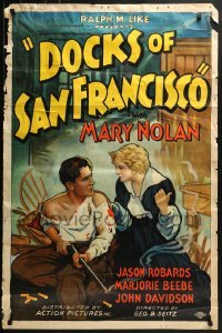 3w231 DOCKS OF SAN FRANCISCO 1sh 1932 art of Mary Nolan & Jason Robards Sr. with smoking gun!