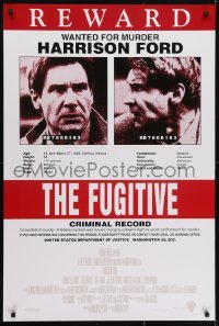 3w312 FUGITIVE recalled int'l 1sh 1990s Harrison Ford is on the run, cool wanted poster design!