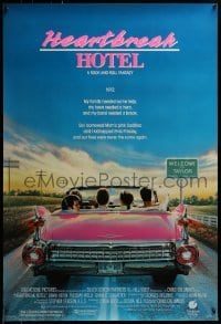 3w378 HEARTBREAK HOTEL 1sh 1988 great art of Elvis in the back of a pink Cadillac!