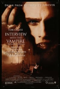 3w431 INTERVIEW WITH THE VAMPIRE 1sh 1994 close up of fanged Tom Cruise, Brad Pitt, Anne Rice!