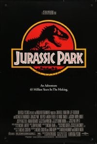 3w466 JURASSIC PARK DS 1sh 1993 Steven Spielberg, classic logo with T-Rex over red background
