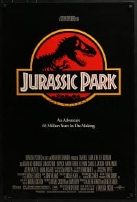 3w465 JURASSIC PARK 1sh 1993 Steven Spielberg, classic logo with T-Rex over red background