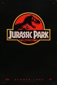 3w467 JURASSIC PARK teaser 1sh 1993 Steven Spielberg, classic logo with T-Rex over red background