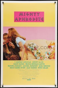 3w584 MIGHTY APHRODITE DS 1sh 1995 the new comedy from Woody Allen, Mira Sorvino, cool yellow design!