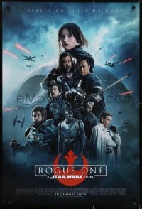 3w746 ROGUE ONE int'l advance DS 1sh 2016 Star Wars Story, cast montage, Death Star, white title!