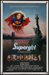 3w858 SUPERGIRL 1sh 1984 super Helen Slater in costume flying over Statue of Liberty!