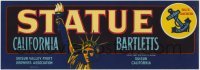 3x180 STATUE CALIFORNIA BARTLETTS 5x13 crate label 1940s Lady Liberty art, fresh produce of Suisun!