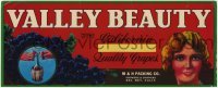 3x187 VALLEY BEAUTY 5x13 crate label 1960s California quality grapes from Del Rey!