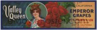 3x188 VALLEY QUEEN 4x13 crate label 1940s California emperor grapes from Exeter!