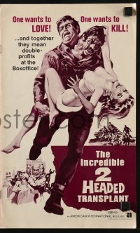 3x708 INCREDIBLE 2 HEADED TRANSPLANT pressbook 1971 one wants to love & other wants to kill!
