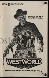 3x975 WESTWORLD pressbook 1973 Michael Crichton, cool artwork of cyborg Yul Brynner by Neal Adams!