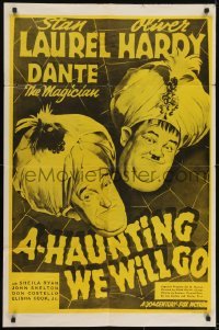 3y029 A-HAUNTING WE WILL GO 1sh R1960s wacky Stan Laurel & Oliver Hardy in turbans!